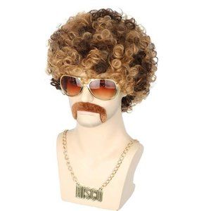 3 Pieces Set Men Wigs Necklace Moustache Short Curly Halloween Wigs Blonde Mixed
